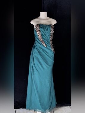 Strapless Teal Evening Gown with Crystal Side Embellishments